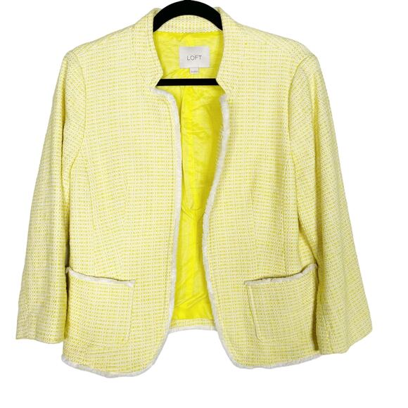 LOFT Medium M Yellow White Tweed Open Front Blazer Jacket Cotton Work Office - Picture 1 of 9